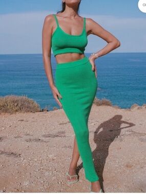 ASTA Resort Paloma Knit Matching Maxi Skirt Set Medium Green